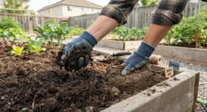 Hands testing soil texture and moisture retention to determine the difference between compost and garden soil in Canadian gardens.