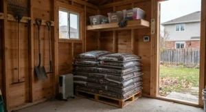 Extra bags of compost for gardens neatly stored in a backyard shed to keep the soil dry over the winter.