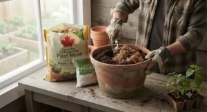 Gardener incorporating peat moss into a potting mix for growing vegetables in a Canadian climate.
