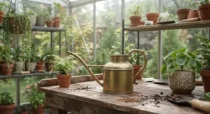 A vintage-style brass watering can for indoor plants, bringing a warm, classic aesthetic to a home greenhouse setup.