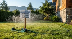 An oscillating sprinkler operating efficiently under municipal water conservation guidelines in British Columbia.