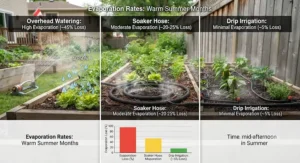 Graphic illustrating water evaporation rates between overhead watering, soaker hoses, and drip systems during warm summer months.