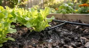 Water droplets forming at the base of leafy green lettuce plants watered by an automatic drip irrigation kit for a vegetable garden.