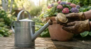 Close-up of a watering can for large outdoor pots featuring a detachable rose for gentle watering.