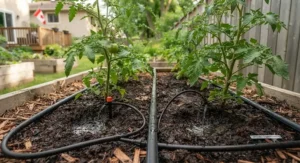 Illustration of targeted drip emitters delivering water directly to the root zones of tomato plants.