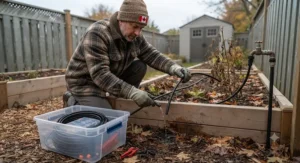 Gardener disconnecting and draining components of a drip irrigation kit under $100 CAD in preparation for the Canadian winter frost.