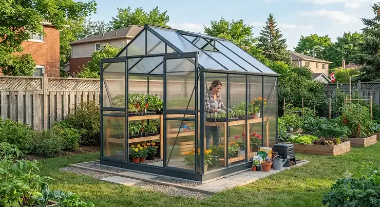 A sturdy 6x8 greenhouse kit installed in a Canadian backyard, ideal for extending the growing season.