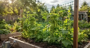 A-frame garden trellis structure covered in trellis netting for climbing vegetables to optimize sunlight.