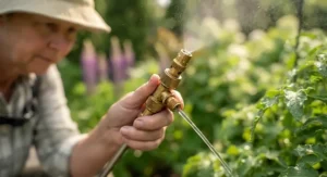 Close-up of an adjustable brass nozzle on a backpack sprayer for large gardens showing mist and stream settings.