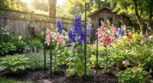 Adjustable height plant stakes for tall flowers to prevent stem breakage.