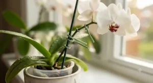 Adjustable plant ties safely wrapping around delicate orchid stems without causing damage.