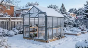 An assembled 6x8 greenhouse kit featuring a durable frame designed to withstand Canadian winter snow loads.