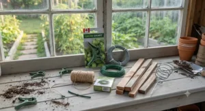 Various plant support options including reusable plant clips and twist ties laid out for Canadian growers.