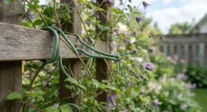 Flexible plant ties guiding delicate climbing vine stems along a trellis in Canada.