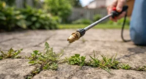Close-up of an adjustable brass nozzle on a pump garden sprayer designed for precise weed control spraying.