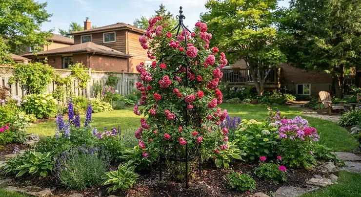 A black metal garden obelisk supporting lush climbing roses in a sunny Canadian backyard.