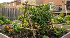 A budget-friendly plant support and garden trellis under $40 CAD holding up heirloom tomatoes during the short growing season.
