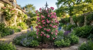 A classic obelisk support structure helping climbing roses create a vertical focal point.