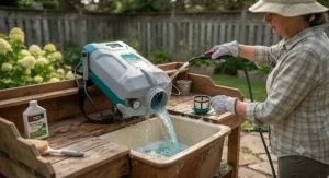 Rinsing out the tank of a backpack sprayer for large gardens during seasonal maintenance in Canada.
