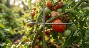 Close-up illustration of thick metal wire on a tomato cage supporting heavy fruit-bearing tomato stems.