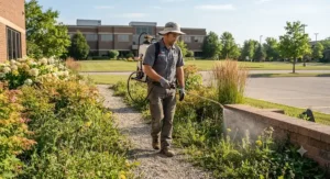 Landscaping professional carrying a backpack pump garden sprayer for large-scale commercial weed control.