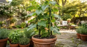A compact container garden featuring a tomato cage used as a trellis for cucumbers on a patio.