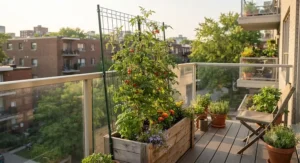 A cost-effective foldable garden trellis under $40 CAD set up on a balcony container garden for compact urban growing.