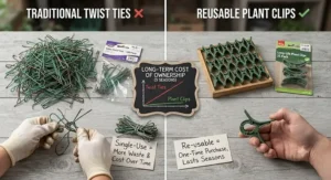 Illustration comparing the long-term value of reusable plant clips versus traditional twist ties.