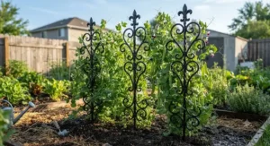 Decorative black metal plant stakes supporting climbing pea vines in a vegetable garden.