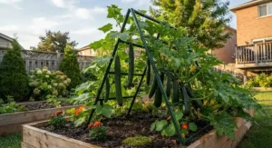 A discount heavy-duty garden trellis under $40 CAD supporting heavy cucumber and squash fruits off the Canadian soil.