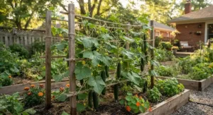 A DIY wooden stake and twine trellis supporting growing cucumber vines.