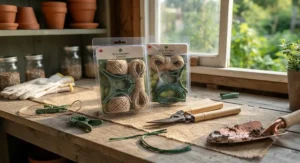 Eco-friendly gardening supplies featuring reusable plant clips and twist ties for sustainable yards.