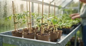Eco-friendly plant ties protecting delicate seedling stems in a spring greenhouse setup.
