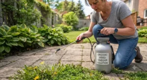 Applying organic weed vinegar solution using a durable pump garden sprayer for eco-friendly yard maintenance.