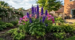 An economical garden trellis under $40 CAD giving upright support to tall perennial flowering plants in a backyard landscape.