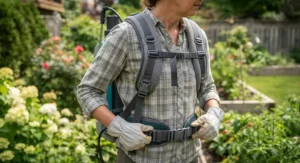Adjustable padded straps on a backpack sprayer for large gardens designed for all-day comfort during yard work.