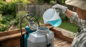 Pouring liquid fertilizer through the wide-mouth opening of a backpack sprayer for large gardens.