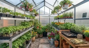 A fully stocked 6x8 greenhouse kit equipped with gardening tools, pots, and flourishing potted plants.