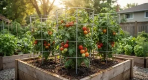 Galvanized steel tomato cages for heavy plants installed inside a backyard raised garden bed.