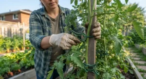 Canadian gardener securing tomato stems with reusable plant clips in an outdoor garden.