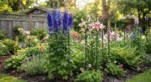 Green-coated wire plant stakes blending into foliage for tall garden flowers.