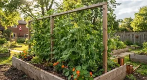 Commercial greenhouse setup utilizing trellis netting for climbing vegetables to maximize growing space.