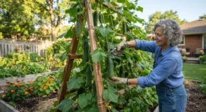 Harvesting fresh, ripe cucumbers hanging from a sturdy vertical garden trellis.