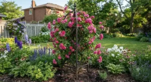 A heavy-duty garden obelisk supporting a large climbing rose bush in a perennial flower bed.