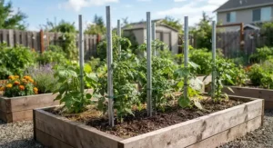 Galvanized metal plant stakes installed in a raised wooden vegetable garden bed.