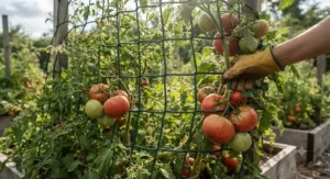 Close-up of durable nylon trellis netting for climbing vegetables supporting heavy tomato vines.