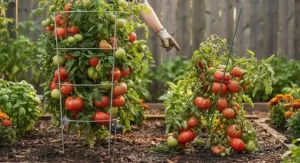 Visual comparison showing a flimsy wire stake versus a heavy-duty tomato cage for large plants.