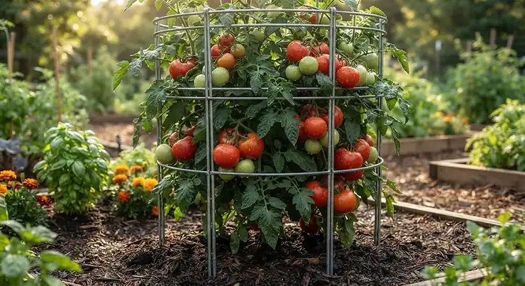 Illustration of a heavy-duty wire tomato cage supporting a large, fruit-laden tomato plant in a garden.