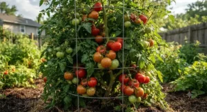 A wire tomato cage packed with ripening tomatoes and heavy foliage for strong support.