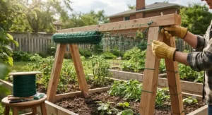 Step-by-step installation of trellis netting for climbing vegetables on a sturdy wooden garden frame.